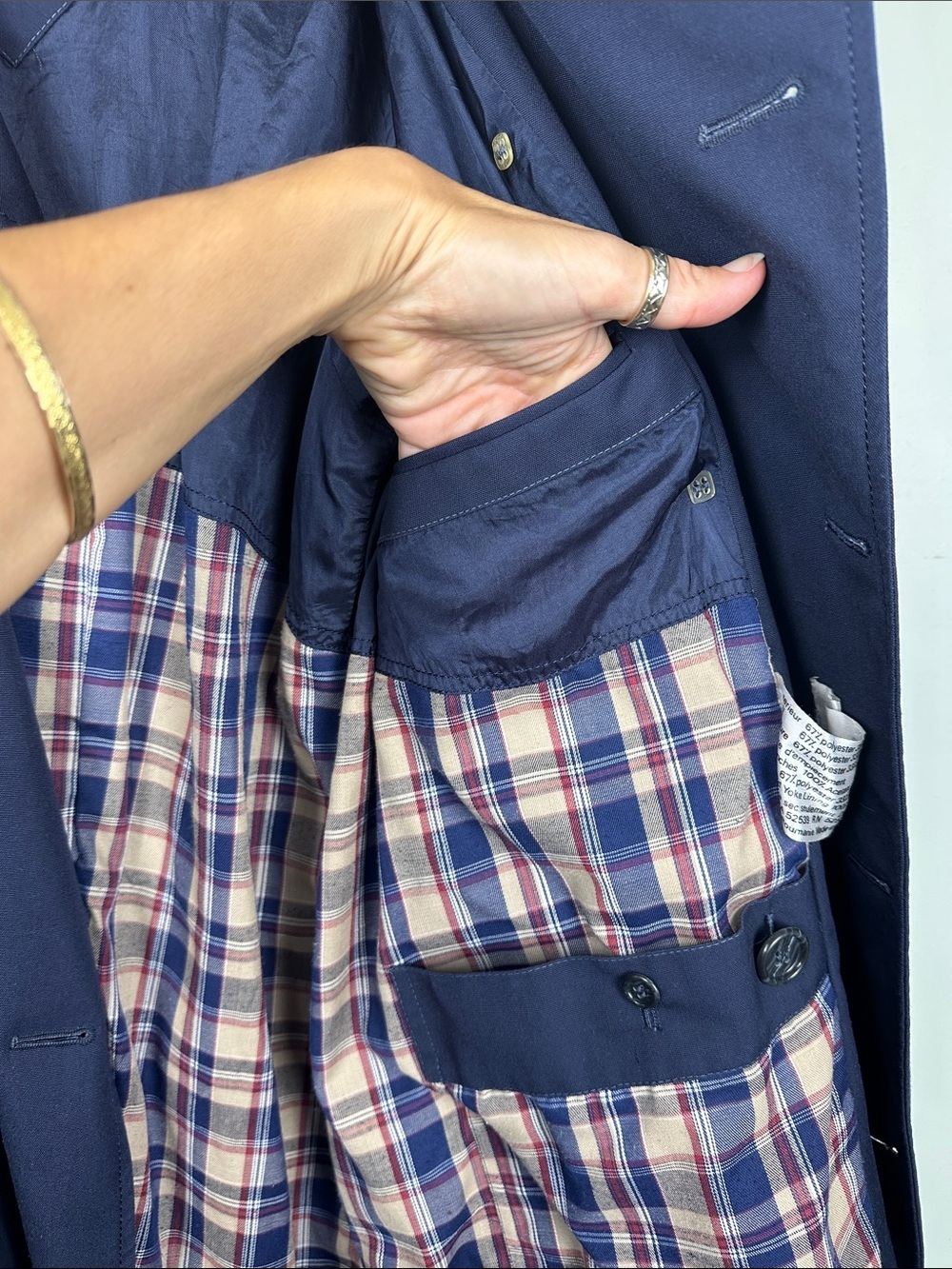 Vintage Navy Trench coat Romania plaid liner 42 men’s belted double breasted - Picture 10 of 12